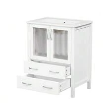 61 Cm Floor-Standing Vanity Unit, Gloss White, With Ceramic Basin, Fluted Glass Doors, Storage Drawers, Silver Handles, Tap Not Included - White - View 7