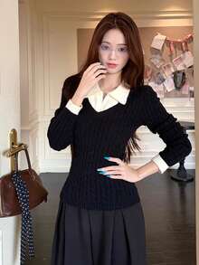 Women's 2 In 1 Casual Versatile Daily Wear Knit Top - Black - View 4