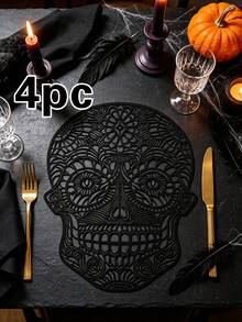 1/4/6 piezas Manteles individuales de PVC con calavera de Halloween y lámina dorada, decoración de hotel y restaurante, resistentes al calor y antideslizantes, manteles de estilo occidental para bodas, fiestas, Halloween, festival de cosecha de otoño, celebraciones festivas, picnics, camping, banquetes de cumpleaños, decoración de mesa de comedor - Multicolor - Ver 19