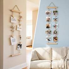Natural Wood Photo Hanging Rope With Wooden Clips, Multi-Photo Display Rack, No Drilling Required, Space-Saving For Dorm, Bedroom, Desk, And Wall Decoration - A - View 6