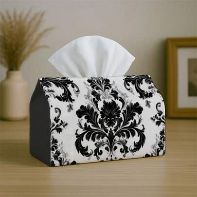 1pc Baroque Floral Classic Design Tissue Box Cover - Black & White Decoration, Durable Polyester Material, Suitable For Kitchen, Living Room, Bedroom, Bathroom, Car - Holiday Decor, Bathroom Accessories | Vintage Tissue Box, Tissue Box Cover, Napkin Holder