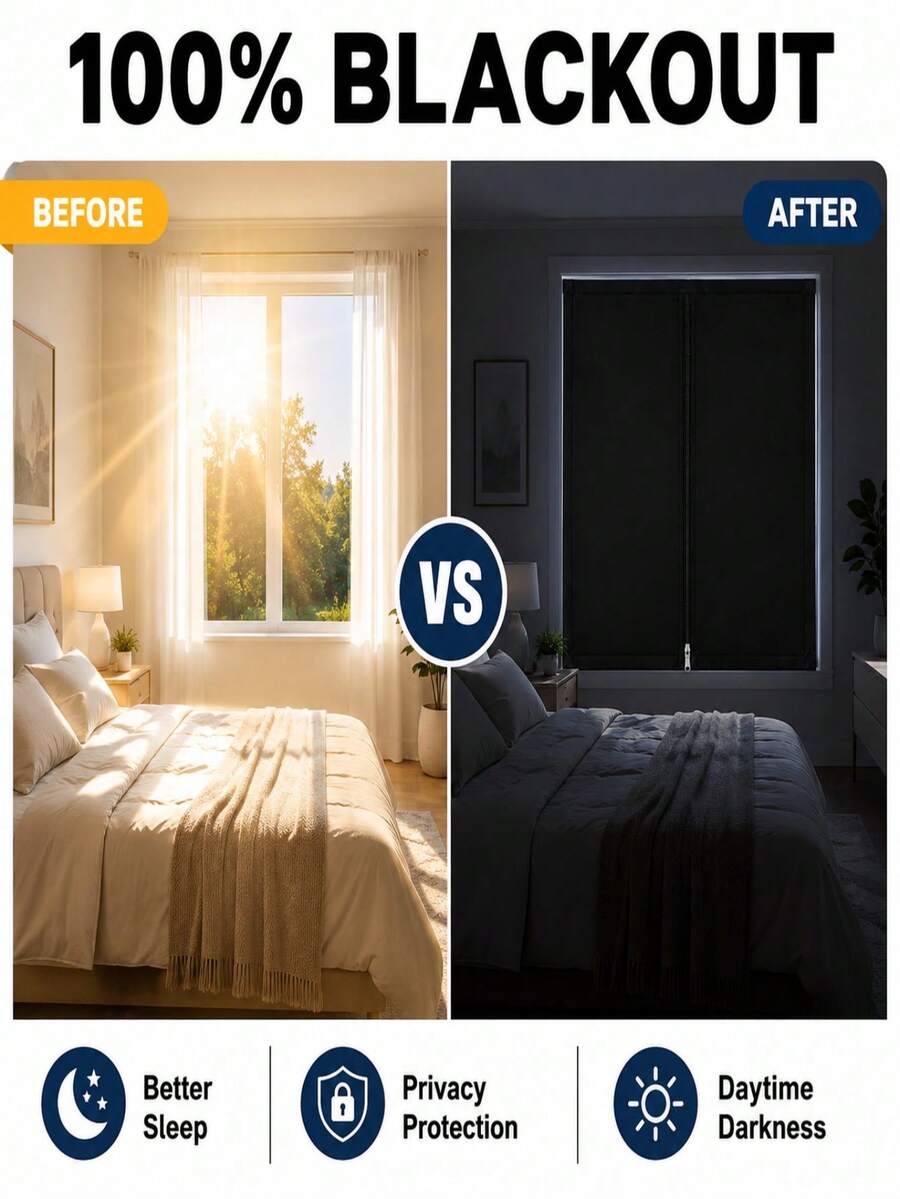 Portable Self-Adhesive Blackout Curtains, No Drilling Required For Installation. Featuring A Zipper Design For Complete Blackout Effect. Suitable For Rental Homes, Apartments And Bedrooms, Helping You Enjoy A Good Night's Sleep.