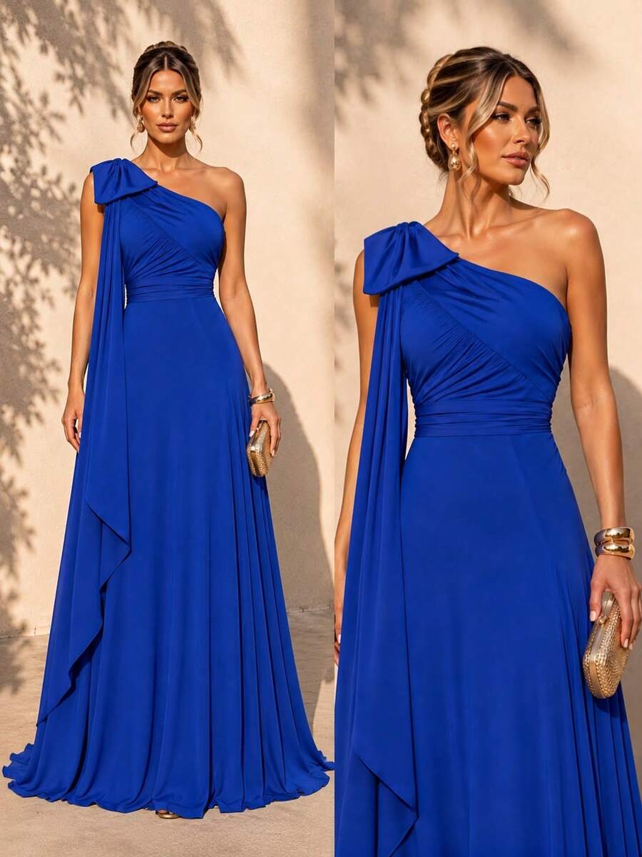 Bridesmaid Dress For Party Guests Reception Graduation Without Shine Cape Sleeve In Fluity - azul real - Ver 1