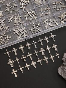 24-Grid Box/120pcs Bulk Mixed Vintage Rhinestone Cross Metal Nail Art Charms, Punk Style Silver Cross 3D Nail Decor Accessories DIY Rhinestone Decoration Set - Multicolor - View 10