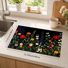1pc Black Background Colorful Wildflower Print Diatomaceous Earth Kitchen Drain Mat, Absorbent Quick-Drying Non-Slip Coffee Machine Mat, Suitable For Kitchen Countertop, Dining Table And Coffee Corner Decoration - Multicolor - View 13
