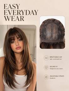22-Inch Ombre Butterfly Highlights Brown Synthetic Wig With Bangs, 100% Imported Fiber Hair, Suitable For Cosplay, Festivals, Y2K, Halloween And Other Occasions - Brown Highlight - View 7