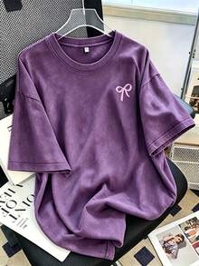 Women Vintage Washed Tee, 230G Thick Oversized Crew Neck Short Sleeve, Retro Street Loose Fit Casual Top For Spring Summer Machine Washable Daily Wear - 紫色 - 查看 1