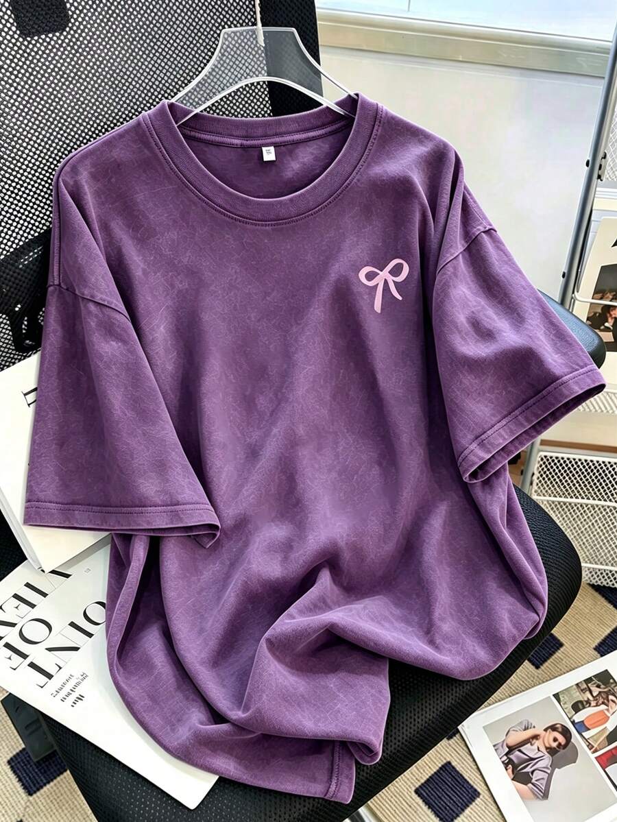 Women Vintage Washed Tee, 230G Thick Oversized Crew Neck Short Sleeve, Retro Street Loose Fit Casual Top For Spring Summer Machine Washable Daily Wear - 紫色 - 查看 1