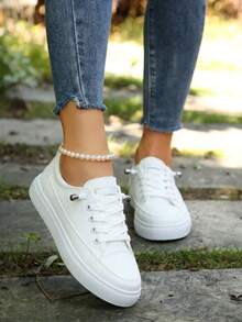 {One Size Larger Than Standard Order One Small}Women Plus Size White Sneakers, Fashion Flat Platform Casual Lace-Up Tennis Shoes, Versatile Student/S - 3103 White Upgraded Model - View 6