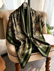 1 pieza Pañuelo cuadrado con estampado paisley para mujer, tacto suave y delicado similar a la seda, chal versátil para uso diario & viajes de vacaciones, 43 pulgadas - Verde - Ver 2