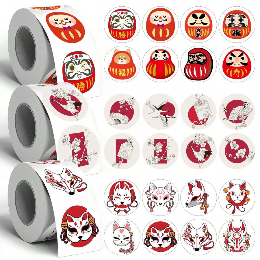 500pcs Japanese Style Roll Small Round Stickers, 1 Inch Circle, 3 Styles To Choose From, Traditional Red & White Color Scheme, First Day Of School - Multicolor - View 1