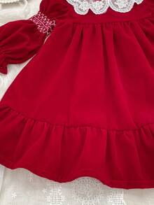 Girls Princess Dress Lace Collar Red Christmas Long Sleeve Dress Spring Autumn Girls Children Holiday Party Dress - Red - View 6
