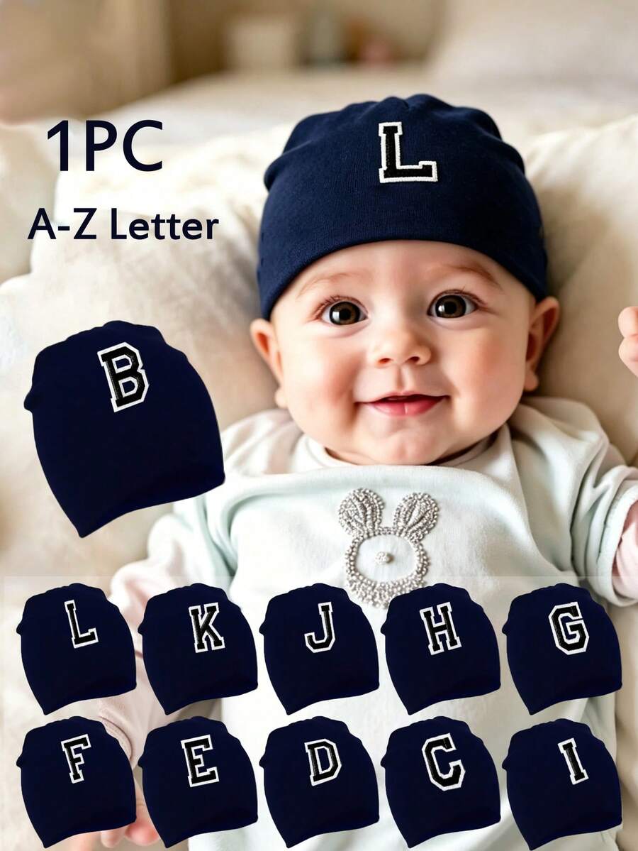 1件 A-Z字母新生兒嬰兒中性款純色保暖舒適日常便帽,適用醫院與戶外使用 - 藏蓝色 - 查看 1
