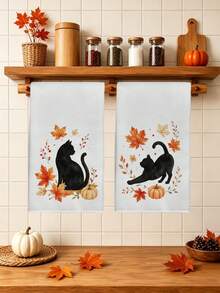 2PCS Kitchen Towels Autumn Minimalist Black Cat & Maple Leaf Pattern Printed 40*60cm Simple Style Rectangular Microfiber Kitchen Towels, Dish Cloths, Tablecloths, Hand Towels, Kitchen Decor, Home Decor, Housewarming Gifts For Neighbors, Perfect For Kitchen And Bathroom Use, Suitable For Housewives And Family Gatherings, High Cost-Performance, Essential Home Product - White - View 9