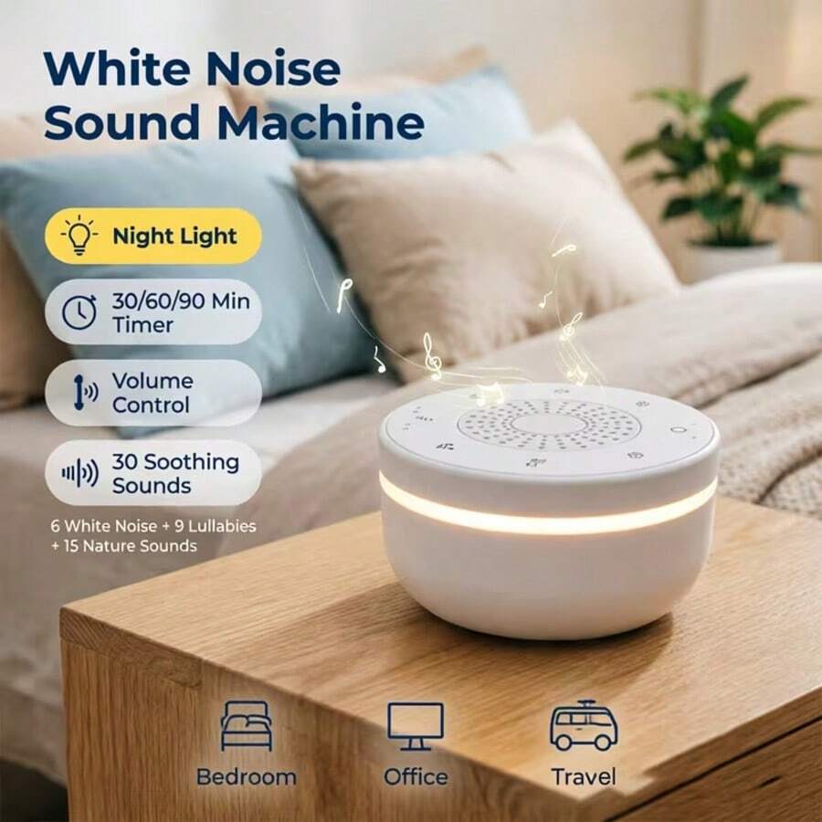 White Noise Machine With 30 Soothing Sounds And Night Light Sounds Machine, 3 Timers Memory Function, Rechargeable Noise Machine - White - View 1