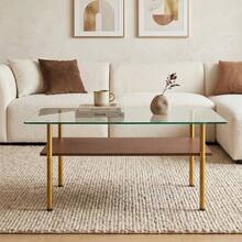 Modern Coffee Table With Glass Top And MDF Shelf, Living Room Table With Gold Metal Legs, Rectangular Sofa Table With Luxurious Design, Wood Effect-H45/L98/D58 Cm - 棕色 - 查看 10