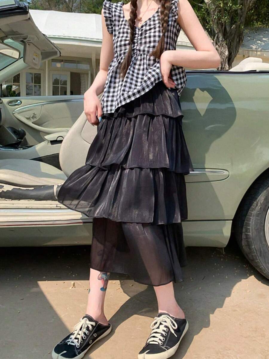 Women's Solid Color Pleated Casual Daily Skirt Black - Black - View 1