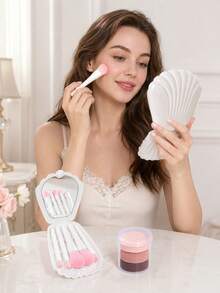 8pcs/1pc Mini Shell Portable Makeup Brush Set With Mirror, Shell Makeup Brush Set Non-Absorbent Concealer Highlighter Blending Brush, Mini Portable Storage Box, Soft Fluffy Makeup Brushes Smooth Application Convenient For Touch-Ups, Portable Makeup Kit Compact And Convenient Suitable For Business Trips, Travel, Office Or Outings. - Multicolor - View 5
