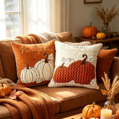 1pc Autumn Maple Leaf Pumpkin Pillow Case 12x20 Inch Hello Fall Embroidered Layered Decorative Pillow Cover Beige Farmhouse Style Autumn Sofa Cushion Cover Home Thanksgiving Autumn Decor Room Decoration Back To School Supplies