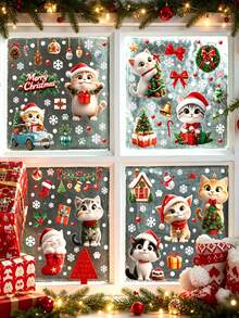 57pcs/9sheets Christmas Window Glass Stickers, Reusable And Detachable Cat Animal Christmas Tree Window Stickers Double-Sided Printing Window Stickers, Windows, Glass Doors, Living Rooms, Home Party Supplies, Holiday Parties, Festival Party And Display Cabinet Decoration - A - View 6