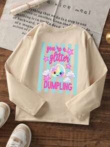 Tween Girls Cute Sparkle Rainbow Dumpling Cloud Graphic Long Sleeve Tee, Soft Crew Neck Top For Holiday & Everyday Wear - Apricot - View 4