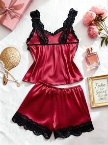 2pcs/Set New Colorblock Women's Sexy Lingerie Set, Lace Trim Ruffle Top + Lace Patchwork Panties, Comfortable Home Sleepwear Sexy Lingerie Set - Burgundy - View 2