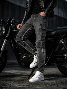Ins Motorcycle Blogger Style Distressed Grey Ripped Raw Edge Cargo Denim Jeans With Multiple 3D Pockets Deconstructed Design Slim Fit Flattering Riding Denim Pants For Men - Grey - View 5