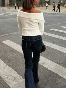 Women's One-Shoulder Notched Lapel Zipper Knit Sweater With Set-In Sleeves Long Sleeve Short Cardigan Casual Commute Leisure Outfit, Fall Winter - White - View 4