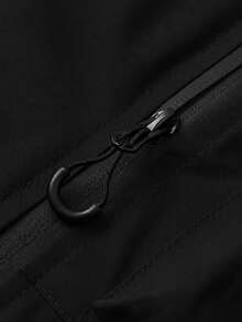 Black Multi-Pocket Drawstring Hooded Zip-Up Jacket, Spring/Autumn Outdoor Mountain Style & Urban Street Basic Jacket, Loose Fit Full Zip Hooded Windbreaker Top For Men - Black - View 3