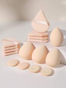16Pcs Nude Mixed Makeup Puff Set, Triangle Velvet Powder Puffs, Mini Finger Strap Sponge Pads & Water Drop Makeup Sponges, Wet Dry Dual Use Cosmetic Tools For Foundation & Loose Powder, Portable Travel Makeup Accessories For Beginners - Apricot - View 2