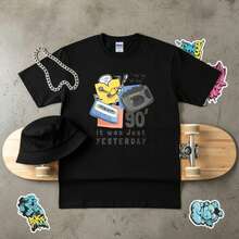 Retro Vintage,% Algodón, Estampado Gráfico de Boombox y Casete de los 90, Camiseta, Atuendo Casual de Playa para Verano, Para Amantes de laúsica Nostálgica - Negro - Ver 3