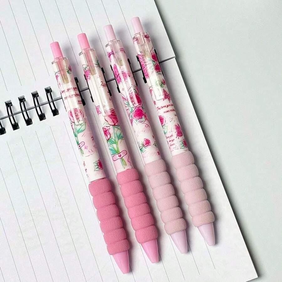Soft Pink Vintage Rose & Butterfly Print Retractable Gel Pen Gift Set, 0.5mm Quick-Dry Smudge-Proof Black Ink, Smooth Writing Pen For Study, Journaling And Note-Taking, Romantic Back-To-School Creative Gift - Black 1pc - View 1