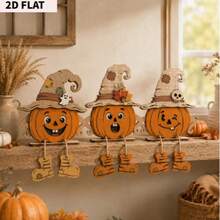 2D Flat, 3pcs Autumn Wooden Decorative Plaques, Thanksgiving, Wall Decor, Party Decoration, Perfect Holiday Gift, Tabletop Decor, Suitable For All Occasions, Vintage, Pastoral, Home, Harvest Season, Pumpkin, Maple Leaf Elements, Halloween Decoration, With Base For Placement, Creative Design, Home Decor, Decorative Signs And Plaques, Decorative Sign - C - View 3