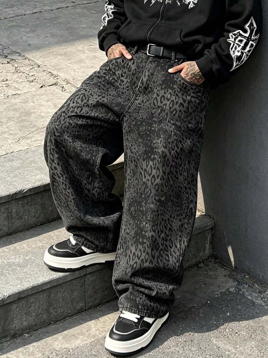 男士嘻哈 Y2K 黑色水洗寬腿寬鬆豹紋街頭休閒牛仔褲 - 黑色 - 查看 1