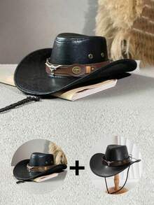 1pc Men's Multi-Color Bull Head Studded Leather Jazz Hat, Outdoor Sun Hat, Large Brim Western Cowboy Hat, Spring/Summer/Autumn - Multicolor - View 20
