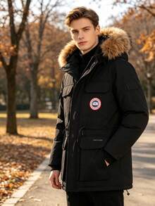 2026 New Men's Outdoor Hooded Parka Jacket, Detachable Faux Fur Trim Multi-Pocket Mid-Length Windproof Warm Winter Workwear Outerwear - Black - View 2