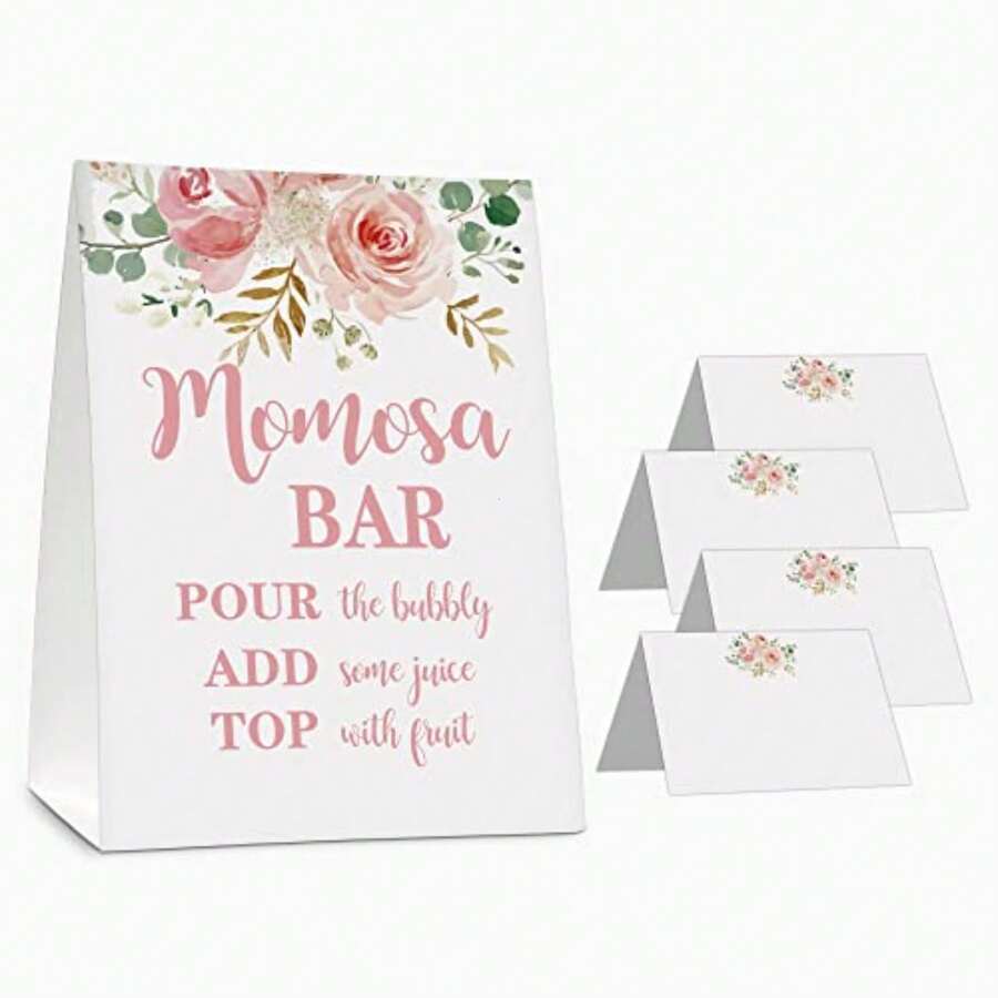Momosa Bar Supplies Kit - Floral Momosa Bar Sign - Blush Pink Table Place Cards - Bridal Shower, Graduation Party, Bubbly Bar, Mimosa Bar, Birthday Brunch, Engagement Party Decor 01 - Pink - View 1