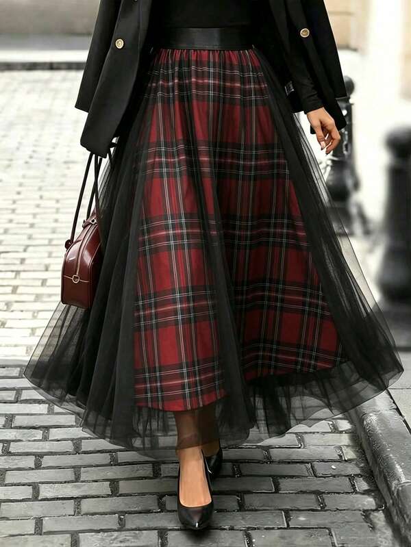 Elegante falda larga a cuadros para mujer con superposición de tul negro, falda para invitadas a bodas y fiestas de otoño