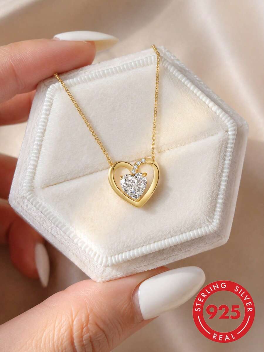 Collar con colgante de corazón de plata de ley 925, joyería versátil para mujeres, regalo para novia, esposa, madre en cumpleaños, aniversario - Multicolor - Ver 1