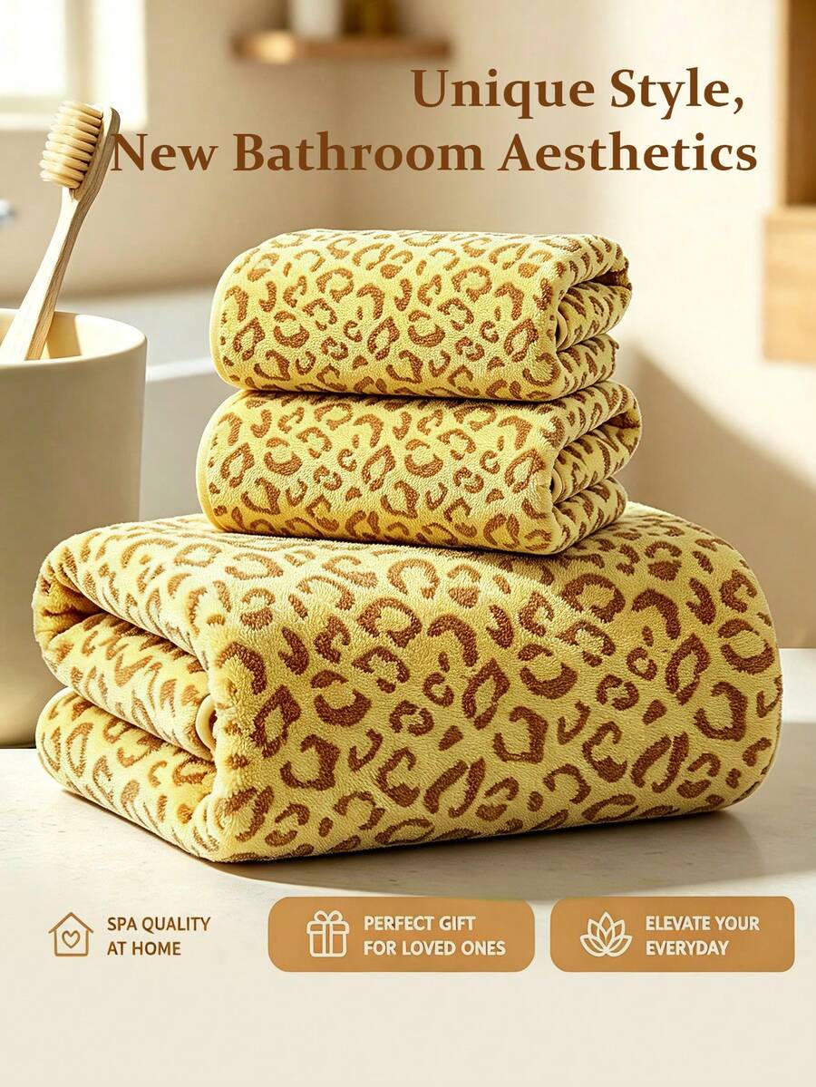 1PC/3PCS Leopard Print Towel Set - Soft Microfiber Material - Absorbent - Lint-Free - Hangable - Bathroom Decor, Gym, Party Gift, Beach, Vacation Travel, Halloween - Multicolor - View 1