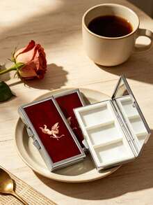 Vintage Cupid Angel Pattern Travel Jewelry Box, Portable Metal Frame Detachable Earring Storage Box, Vintage Red Enamel Small Jewelry Organizer, Multi-Compartment Grid Design For Rings, Earrings, Small Pendants And Mini Accessories - Multicolor - View 4