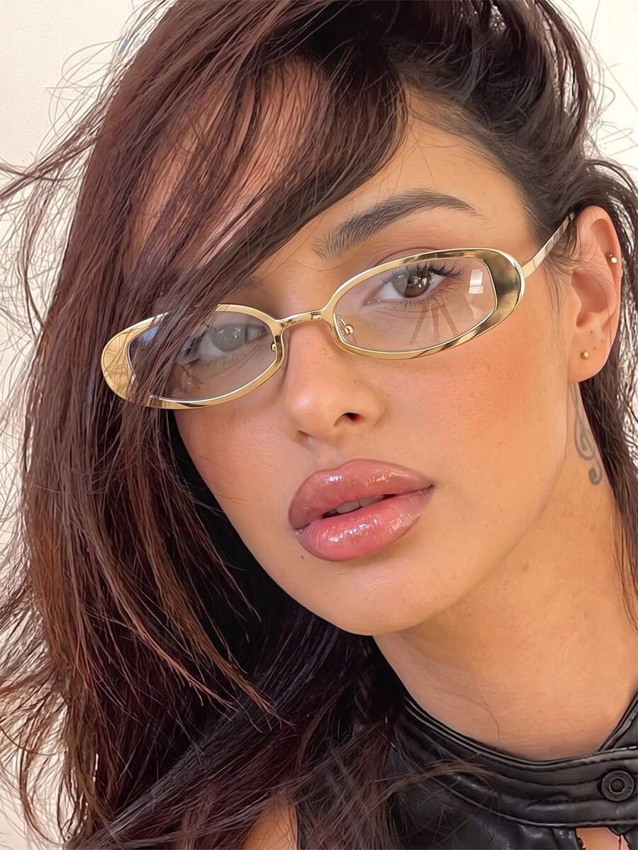 1 Pair Women's High-Quality Metal Small Oval Frame Y2K Fashion Non-Prescription Glasses - Gold - View 1