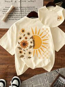1pc Tween Girl Floral & Sunshine Print Short Sleeve T-Shirt, Student Youth Apparel, Positive Energy Sunny Summer Top - Apricot - View 1