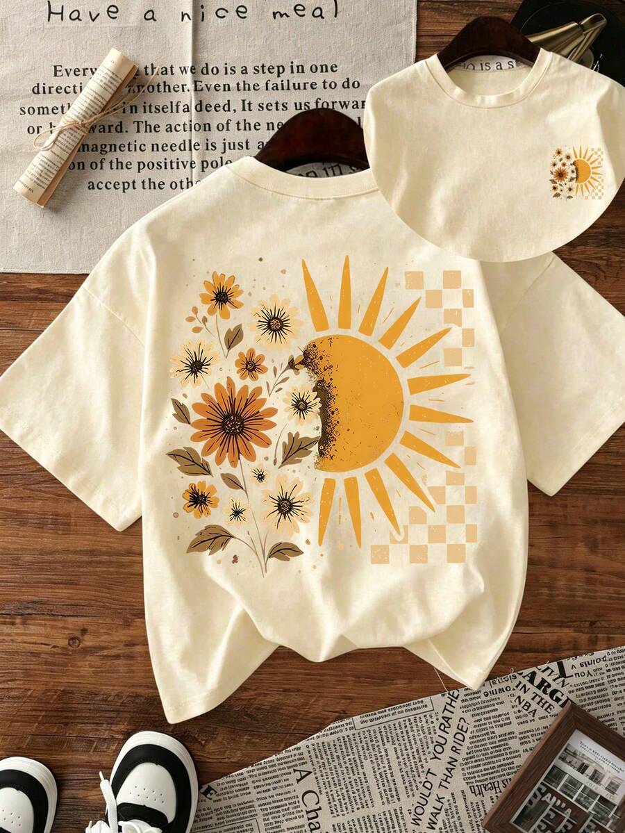 1pc Tween Girl Floral & Sunshine Print Short Sleeve T-Shirt, Student Youth Apparel, Positive Energy Sunny Summer Top - Apricot - View 1