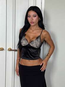 Women's Lace Patchwork Solid Color Cropped Camisole Top - Black - View 2