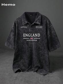 Herren Sommer Street Fashion England Muster Poloshirt, Mikro-Stretch gewaschen Vintage Aussehen Kentkragen Knopf Schwarz Top, Casual Alltags Tragen Poloshirt - Schwarz - Übersicht 1