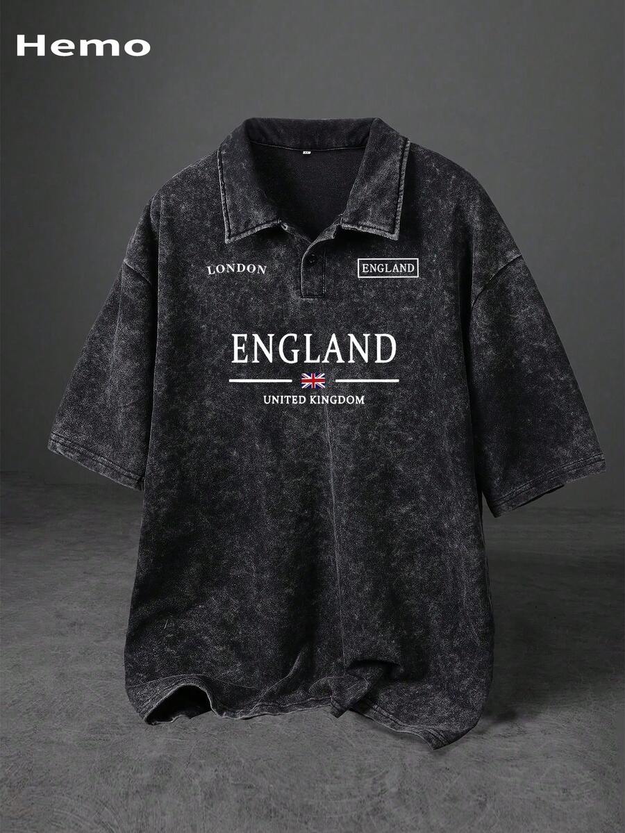 Herren Sommer Street Fashion England Muster Poloshirt, Mikro-Stretch gewaschen Vintage Aussehen Kentkragen Knopf Schwarz Top, Casual Alltags Tragen Poloshirt - Schwarz - Übersicht 1