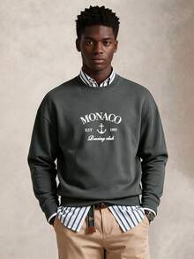 男士时尚创意印花休闲运动通勤修身圆领卫衣 - 深灰色 - 查看 1