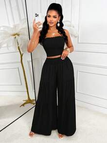 AIJ Women's Elegant Strapless Cropped Top With Shirred Wide Leg Pants 2 Pieces Set, Black, Casual Sexy Outfit, Suitable For Daily Wear, Vacation, Holiday And Halloween Occasions - Black - View 4