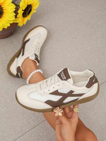 1 Pair Women's New Lace-Up Maillard Colorblock Sports Style German Trainer Shoes, Retro Sneakers, Versatile Casual Streetwear Shoes